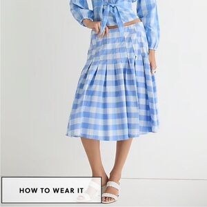 J crew pleated cotton poplin bristow gingham blue checked midi skirt 12 NWT